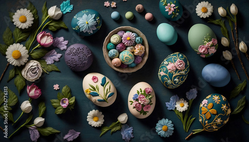 Beautifully painted Easter eggs with floral patterns