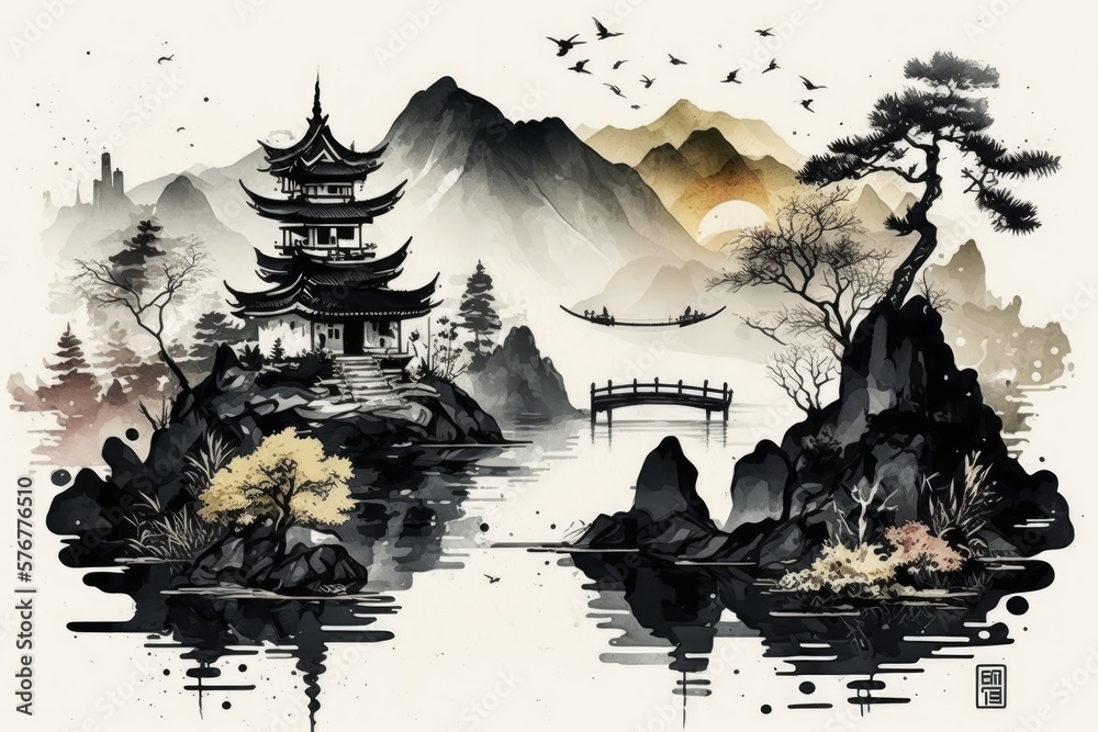 The Chinese landscape style includes sea and mountain scenery
