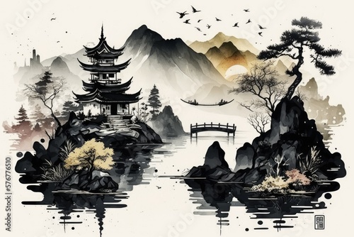 Print op canvas The Chinese landscape style includes sea and mountain scenery