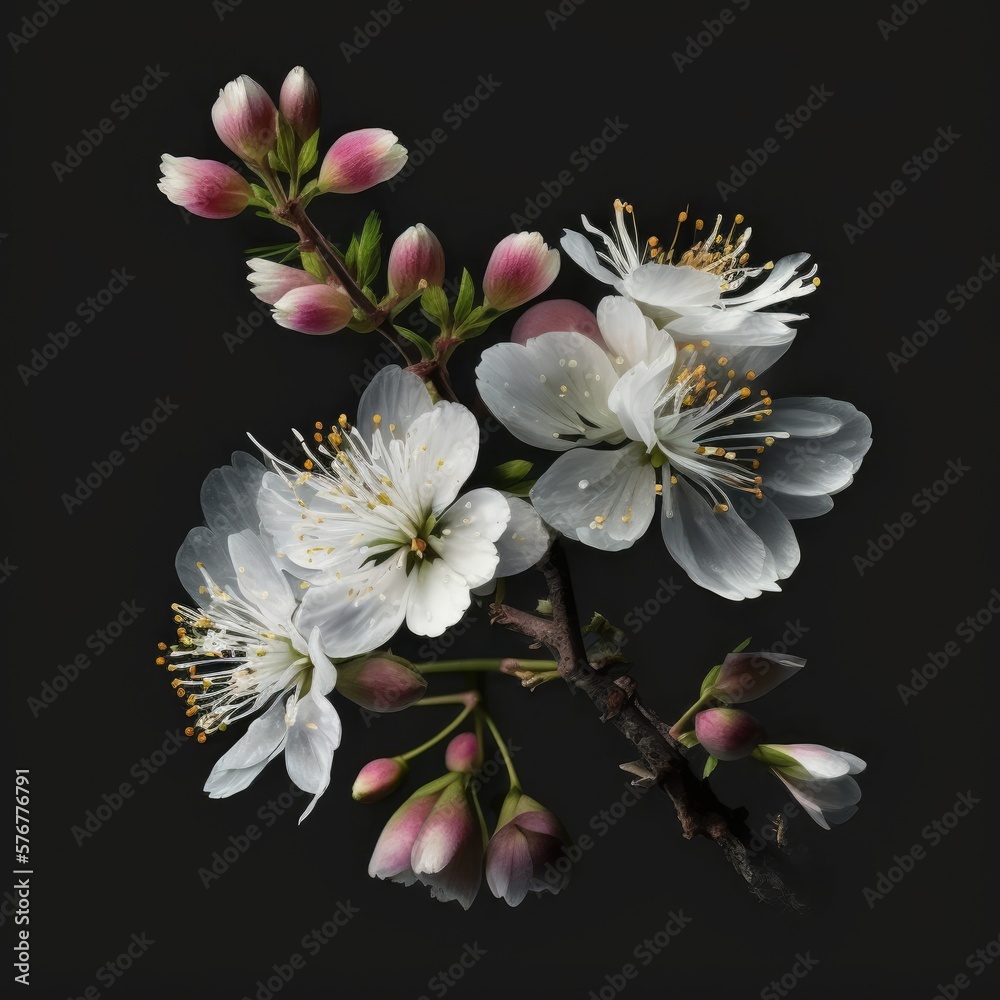 Cherry Blossoms Isolated on Black Background. Spring Theme. Generative AI.