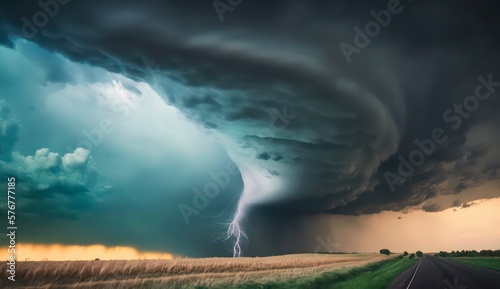 Powerful tornado. Amazing landscape of a tornado over the field. Generative AI art.