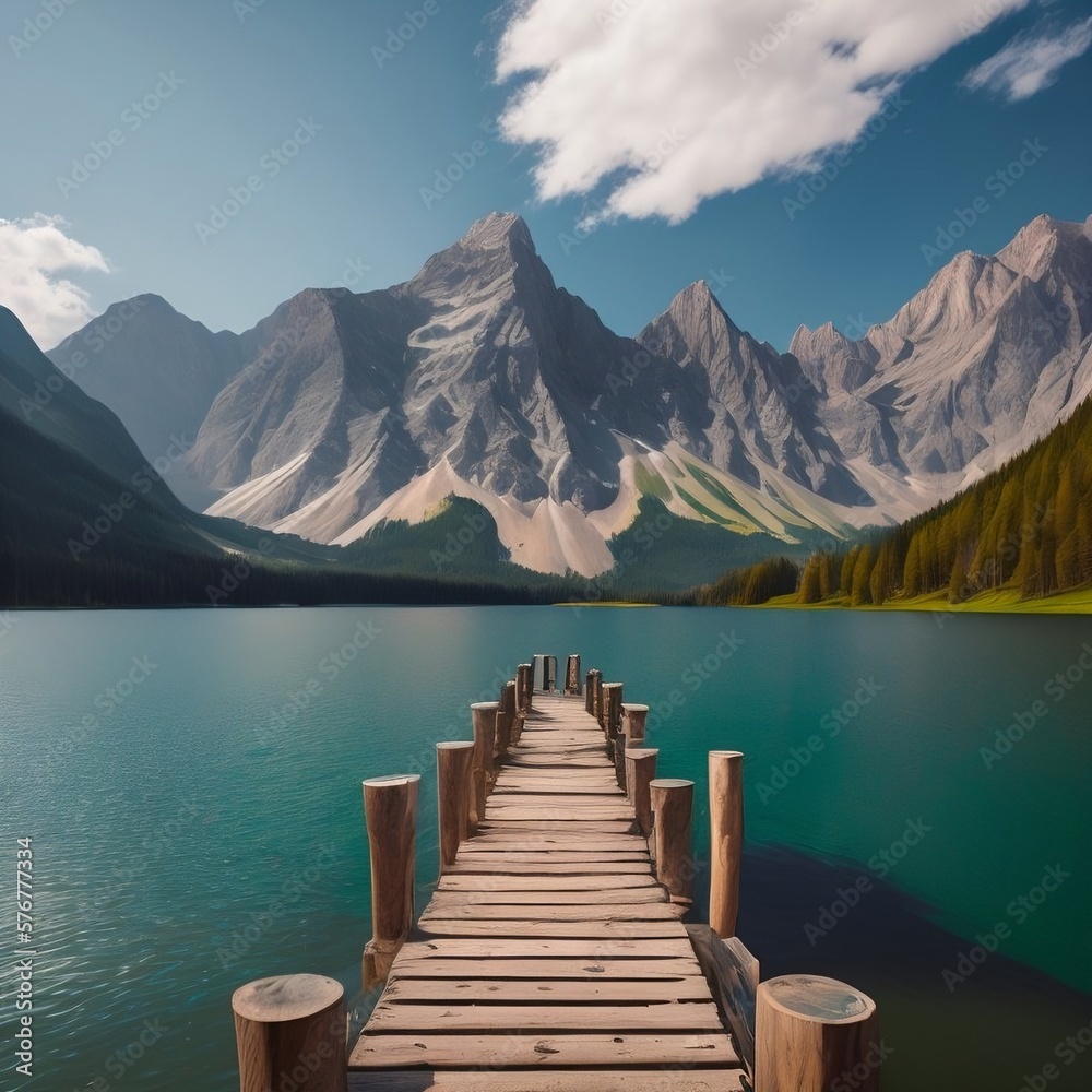 a wooden dock sitting next to a mountain lake, Generated Ai