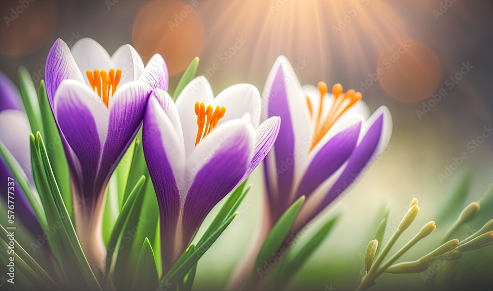 Crocus Flowers Spring Bokeh Background. Spring Theme. Generative AI. Crocus Flowers Spring Bokeh Background. Spring Theme. Generative AI.