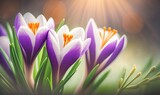 Crocus Flowers Spring Bokeh Background. Spring Theme. Generative AI.