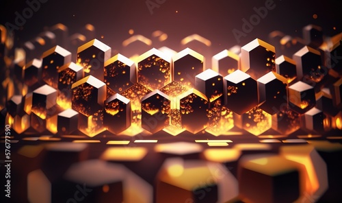  an abstract image of a group of hexagonal objects in yellow and orange colors on a black background with a reflection of light on the floor. generative ai
