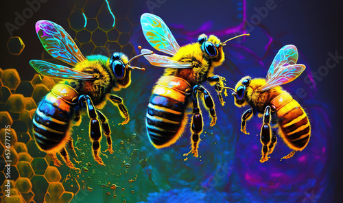  three bees are flying in the air near a honeycomb of honeybees on a blue and yellow background with bubbles of water and bubbles.  generative ai © Nadia