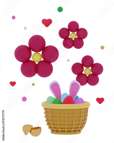 3d Flowers and Easter Bunny 3D rendering illustration
