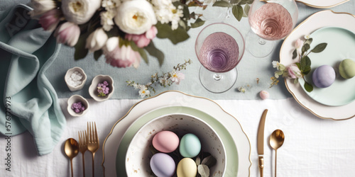 Easter celebration table, Easter eggs and flowers, pastel color table setting top view. Generative AI