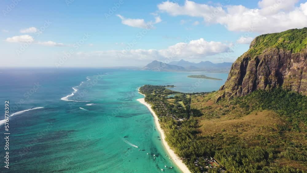 Aerial view of Pointe Sud Ouest reef, view of the peninsula near Le Morne, Mauritius.