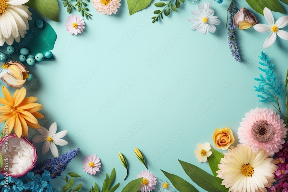 Spring Flowers on Blue Background with Copy Space for Text. Spring Theme. Generative AI. Spring Flowers on Blue Background with Copy Space for Text. Spring Theme. Generative AI.