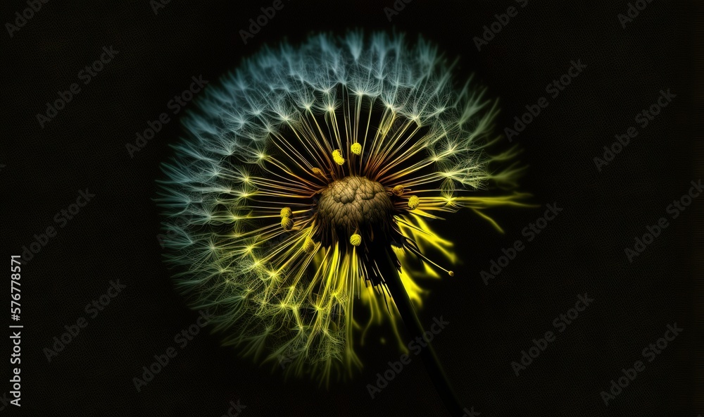 a dandelion with yellow and blue petals on a black background with a black background and a black background with a yellow and blue dandelion in the center. generative ai a dandelion with yellow and blue petals on a black background with a black background and a black background with a yellow and blue dandelion in the center. generative ai