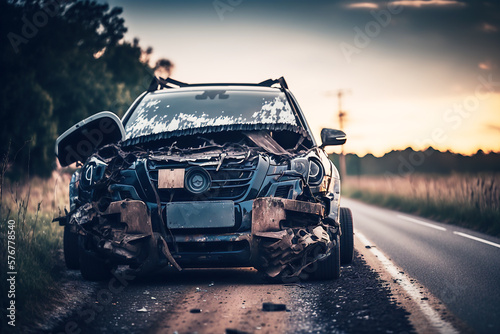 Close-up of a crashed car on the side of the road in the countryside  ai generative illustration