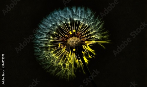  a dandelion with yellow and blue petals on a black background with a black background and a black background with a yellow and blue dandelion in the center.  generative ai