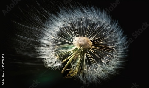  a white dandelion with lots of seeds blowing in the wind on a black background with room for text or image  with space for text.  generative ai