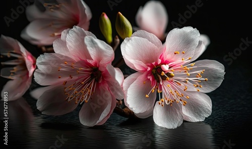 Cherry Blossoms on Black Background. Spring Theme. Generative AI.