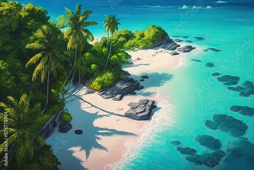 Summertime aerial drone footage of a stunning white sand beach  lush with green coconut palms  and clear blue sea. Generative AI