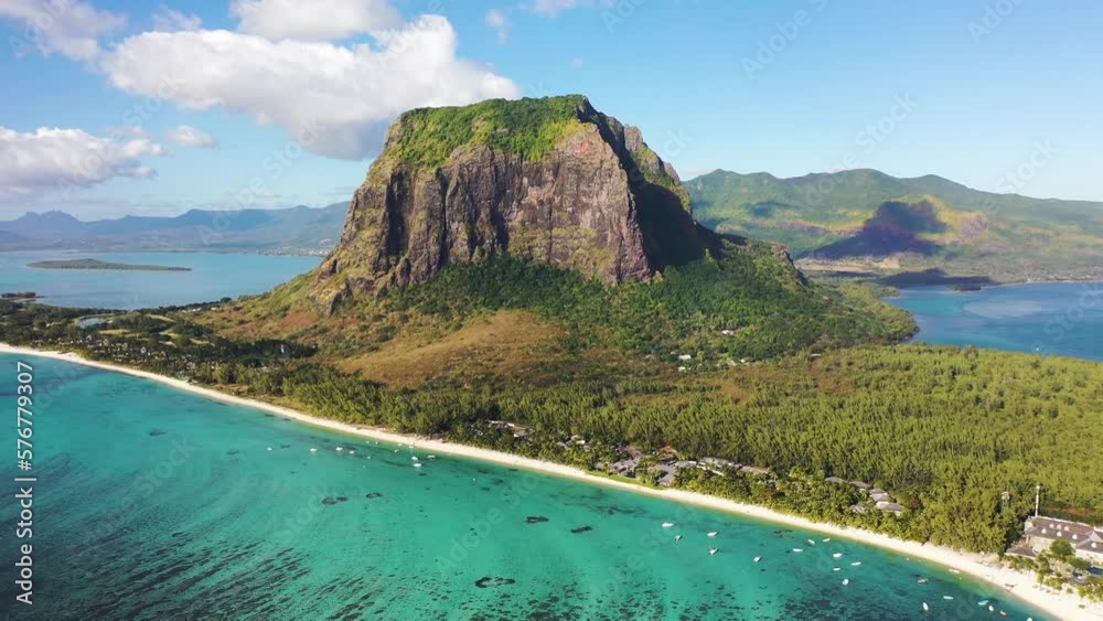 Aerial view of Pointe Sud Ouest reef, view of the peninsula near Le Morne, Mauritius.