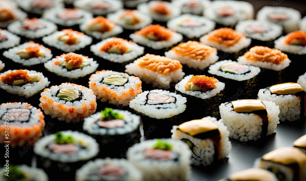 a close up of sushi rolls on a table with other sushi rolls in the background and a variety of other sushi rolls on the table. generative ai a close up of sushi rolls on a table with other sushi rolls in the background and a variety of other sushi rolls on the table. generative ai