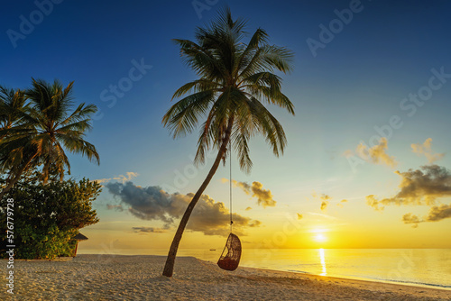 Fototapeta Naklejka Na Ścianę i Meble -  Palm and tropical beach at the ocean. Hammock at beautiful sunset.