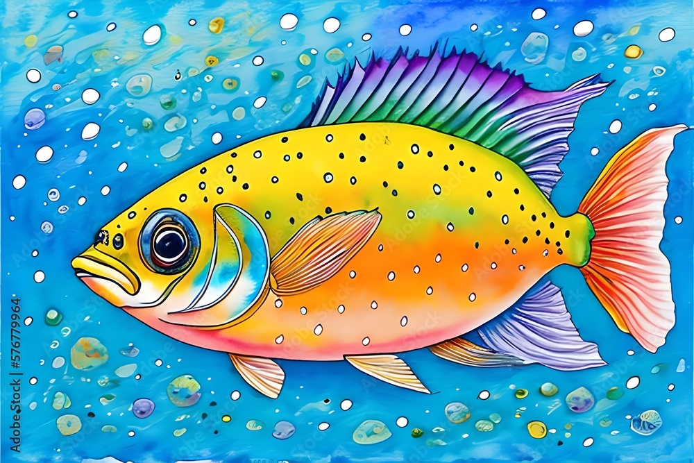 Watercolor Illustration of cute fish coloring page for kids. Generative AI