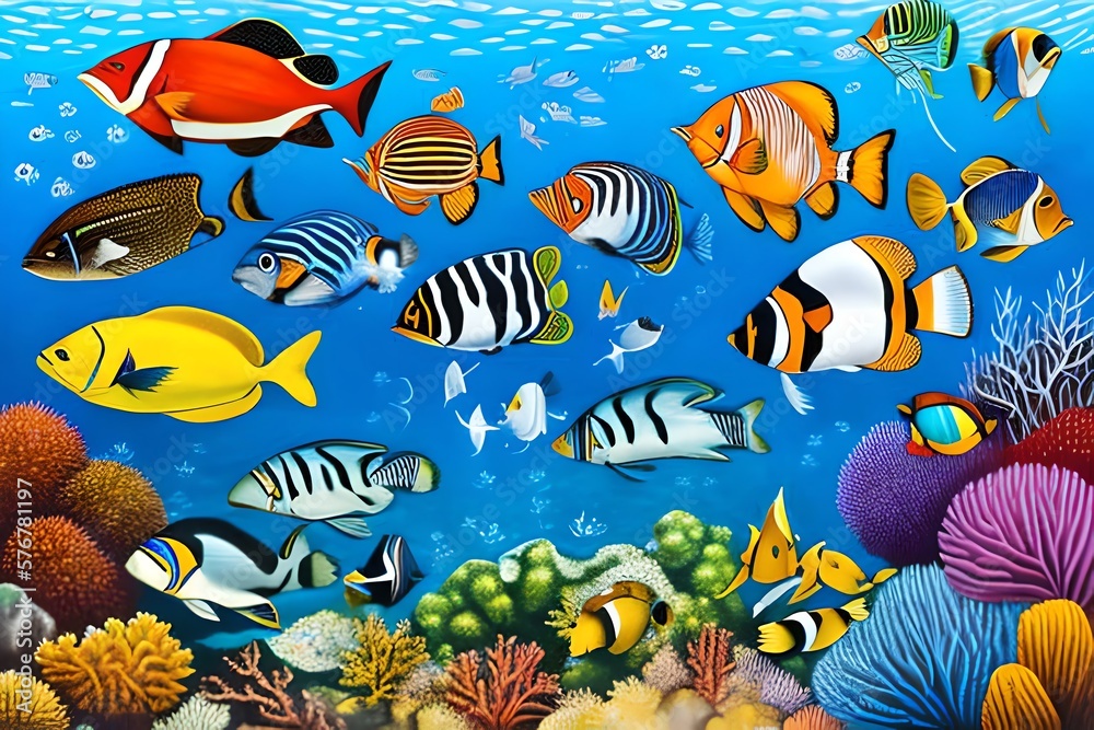 Naklejka premium Watercolor Illustration of fishes. Generative AI