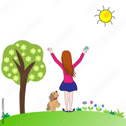 Mujer con teléfono móvil y su perro en el campo.