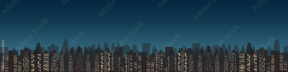 Building Background and Banner. City building at Night. Skyscraper. Cityscape. Urban landscape. Metropolis City. Vector Illustration Isolated on White Background. 