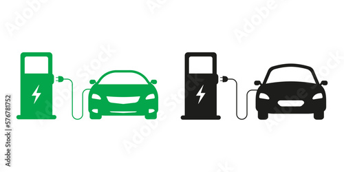 Transport Charger Silhouette Icon Set. Electric Car Recharge Black and Green Sign. Eco Electro Energy for EV. Charge Station Glyph Pictogram. Electric Car Charger. Isolated Vector Illustration