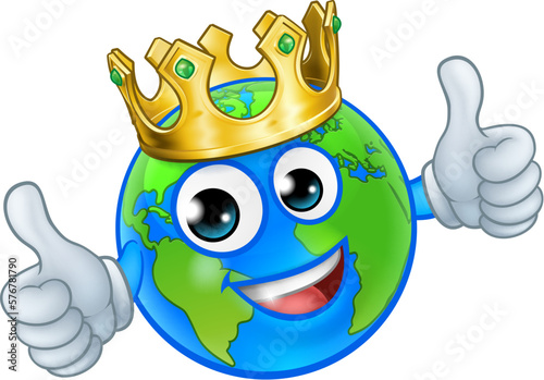 An earth globe world cartoon character mascot wearing a gold king crown and giving a thumbs up