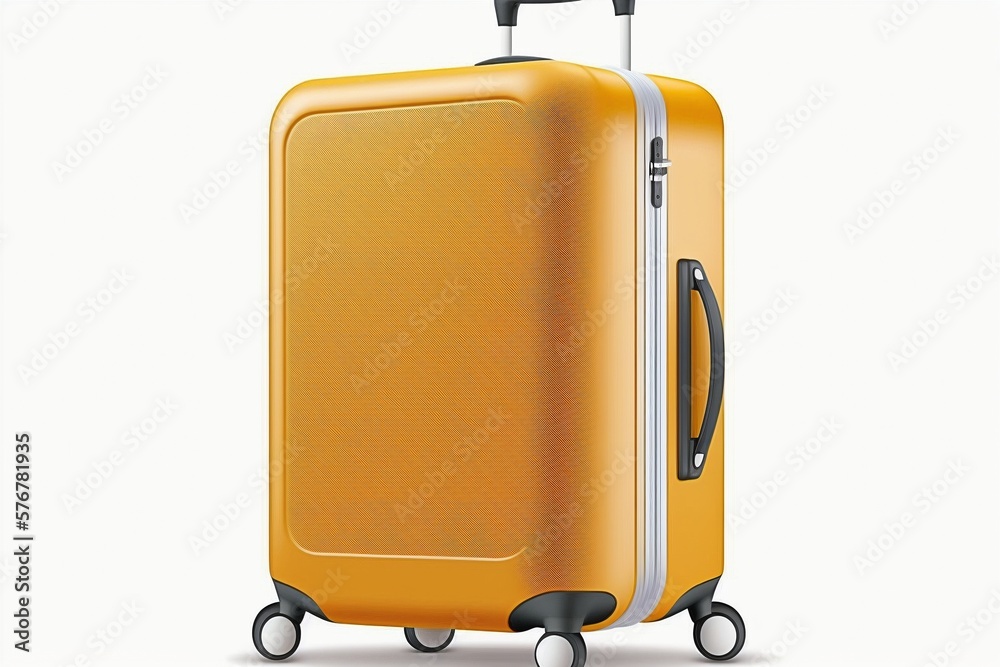 Realistic Plastic Travel Suitcase with Wheels on White Background