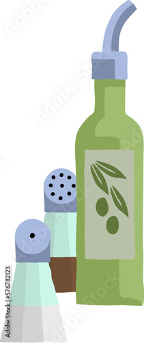 Bottle of olive oil with salt and pepper shakers illustration
