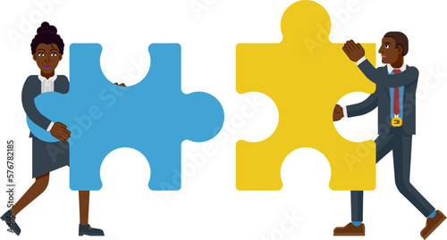 Two business people fitting jigsaw puzzle pieces together conceptual illustration