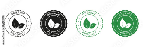 Organic Food Label Set. Bio Healthy Eco Food Line and Silhouette Signs. 100 Percent Organic Green and Black Icons. Natural and Ecology Product Vegan Food Sticker. Isolated Vector Illustration