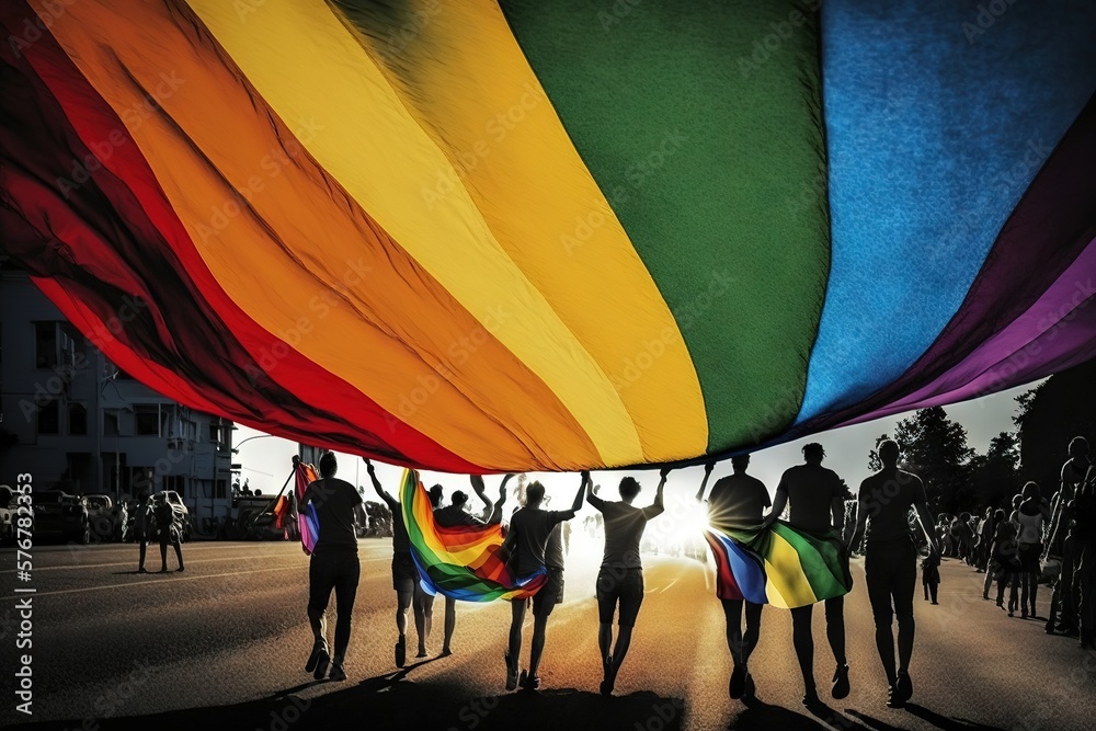 People with rainbow flag on pride parade - obrazy, fototapety, plakaty 