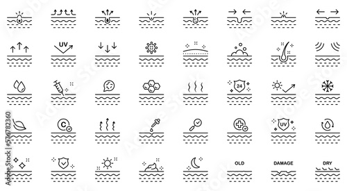 Skincare Beauty Line Icon Set. Dermatology Medical Skin Care Linear Pictogram. Facial Clean Moisture, UV Sunscreen Protect Outline Icon. Editable Stroke. Isolated Vector Illustration