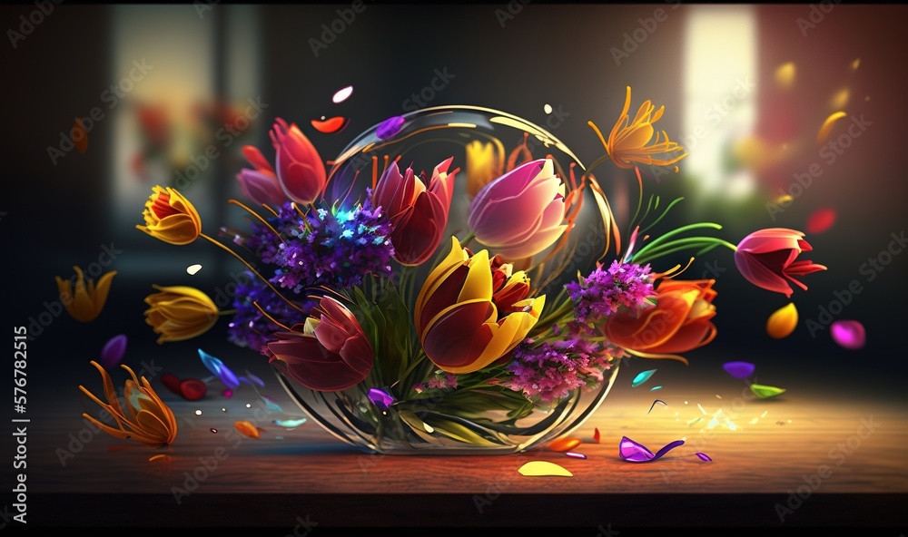 a vase filled with lots of flowers on top of a wooden table next to a vase filled with colorful flowers and butterflies flying around it. generative ai a vase filled with lots of flowers on top of a wooden table next to a vase filled with colorful flowers and butterflies flying around it. generative ai
