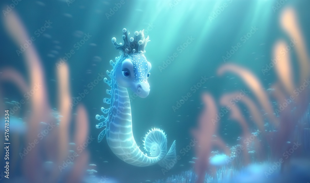  a seahorse is swimming in the ocean water with corals and algaes on the bottom of the water and under the water surface.  generative ai