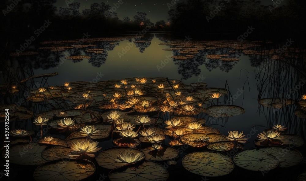  a painting of lily pads in a pond with a full moon in the sky above them and a pond of water lillies in the foreground.  generative ai