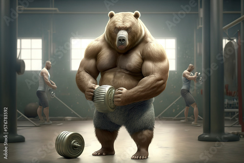 Bear man does physical exercise with heavy weights in the gym. Superhuman strength. Bodybuilder trains muscles. Generative art.