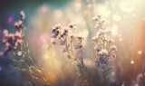  a close up of a bunch of flowers with a blurry background of the sun shining through the flowers and the grass in the foreground.  generative ai