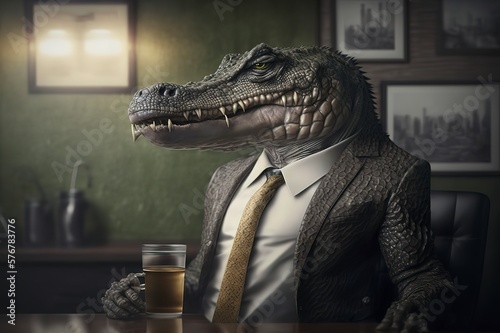 Crocodile man in a business suit in the office. Businessman predator. Corporation boss. Company director. The reptile rules the world. Generative art. photo