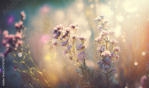  a close up of a bunch of flowers with a blurry background of the sun shining through the flowers and the grass in the foreground. generative ai © Shanti
