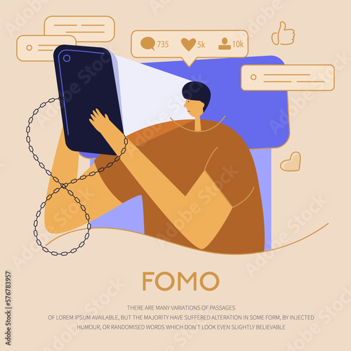 The man lies in bed, holds smartphone and  watches in internet news, stories, video. He online chatting, talk in virtual social network. The user has got phone addiction, FOMO, device bad habit.