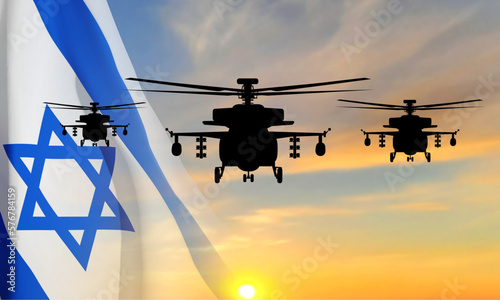 Military helicopters against the sunset and Israel flag. EPS10 vector