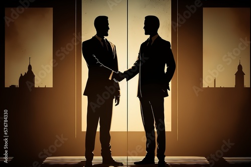 Two businessmen in a business suit in the office. Partners shake hands. Colleagues conclude an agreement. Corporation boss. Company director. Generative art.