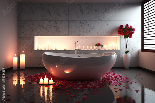 Romantic bathroom with rose petals and candles, Generative AI