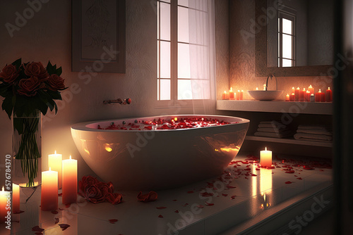 Romantic bathroom with rose petals and candles, Generative AI