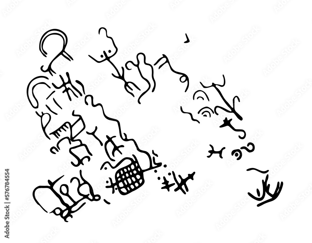 Rock petroglyphs depicting predatory attacks on livestock. Vector illustration of prehistoric rock petroglyphs discovered on the territory of Armenia