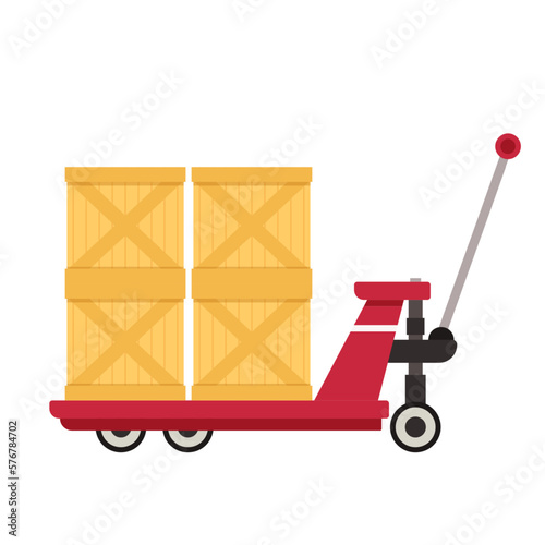 Cart with crates. Loading, Storage and logistics in warehouse. Handcart on wheels with load. Flat Platform trolley. Box with package.