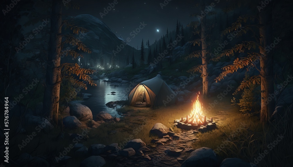 Camping in the forest at night. Generative Ai